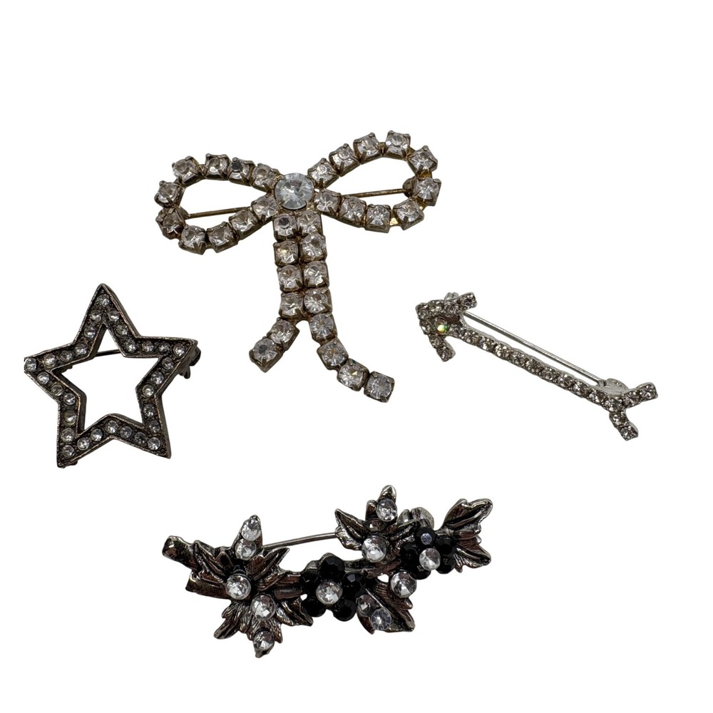 Vintage Silver Tone Rhinestone Brooch Lot Star Bow Arrow Floral 4pc Set